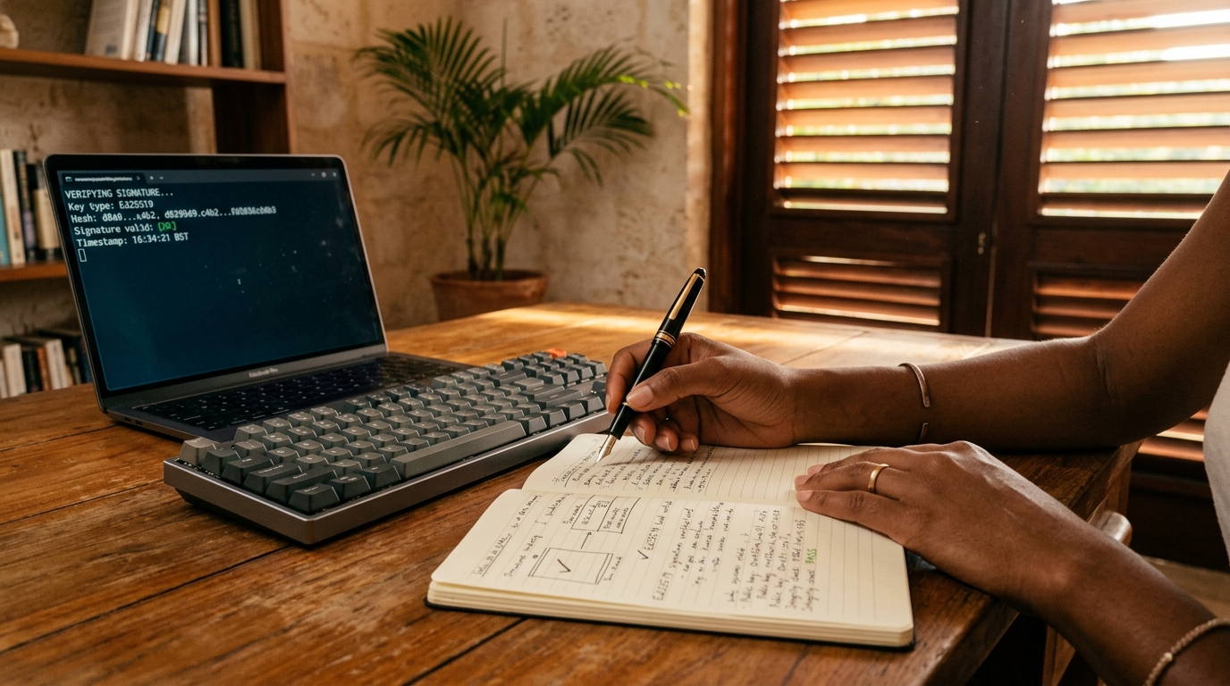 Anaiya verifying cryptographic provenance signatures while drafting at the studio desk in Barbados